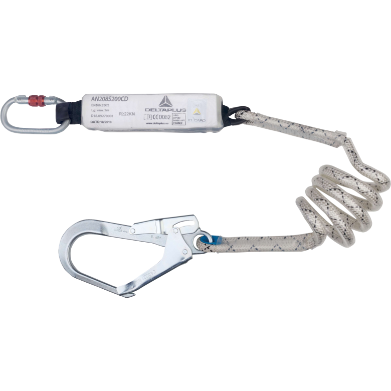 Falddmpningsline reb AN208S200CD med karabin og krog - 2 m